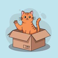 Orange tabby cat sitting inside cardboard box waving paw with cute expression flat colorful illustration vector
