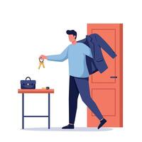 Man holding keys with coat over shoulder near table and open door in minimal flat style illustration vector