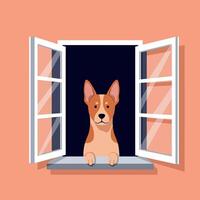 Basenji dog with alert ears looking through open window in flat minimal style illustration vector