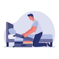 Man packing suitcase on floor near bed in flat minimal style preparing for travel art vector