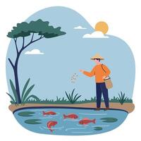 Fisherman feeding red fish near pond with greenery under sunny sky in flat minimal illustration vector