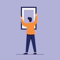 Man holding large blank rectangular frame in minimal flat style standing against purple background illustration vector