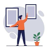 Man arranging picture frames on wall with indoor plant in flat design minimal illustration vector