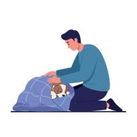 Man kneeling and gently covering sleeping small dog with blue blanket flat minimal art vector