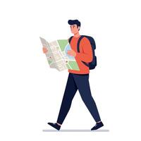 Young male traveler with backpack walking and reading map in minimal flat design illustration vector