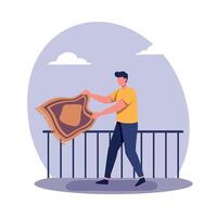Man in yellow shirt shaking patterned rug outdoors near railing with minimal flat design illustration vector