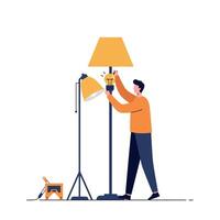 Man changing light bulb on standing lamp with floor lamp and power supply in flat design illustration vector