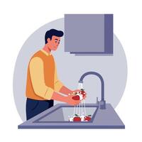 Man washing fresh tomatoes at kitchen sink with modern flat design style illustration vector