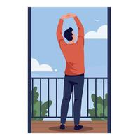 Man stretching on balcony wearing casual clothes with greenery and sky background flat minimal illustration vector