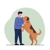 Man in blue sweater interacting with standing brown dog with dark patches flat minimal illustration vector