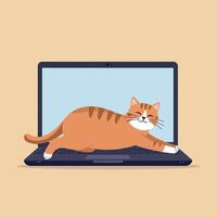 Orange tabby cat stretching on open laptop keyboard flat minimal illustration vector
