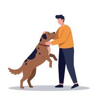 Man interacting with large brown and black dog in simple flat design style playful moment illustration vector