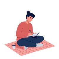 Young man sitting cross-legged on checkered blanket writing in notebook with pen in minimal flat style illustration vector
