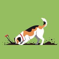 Tricolor dog digging in soil with focused posture flat design on green background art vector