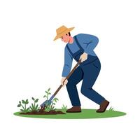 Male gardener in blue overalls and straw hat cultivating young plants in soil with hoe flat design illustration vector