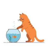 Orange tabby cat curiously pawing at round fishbowl with small goldfish inside minimal flat illustration vector