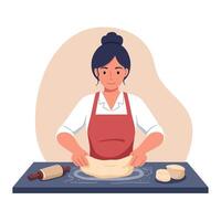 Woman in red apron rolling dough on kitchen counter with flat minimal style cooking illustration vector