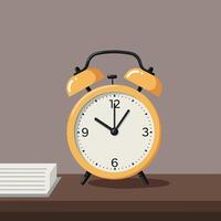 Classic yellow twin bell alarm clock on wooden surface with stack of papers in minimal flat illustration vector