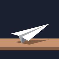 White paper airplane resting on wooden surface with sharp shadows in minimal flat design illustration vector