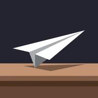 White paper airplane resting on wooden surface in minimal flat style with dark background art vector