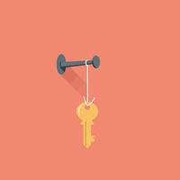 Single golden key hanging on dark metallic wall hook with long shadow flat design art vector
