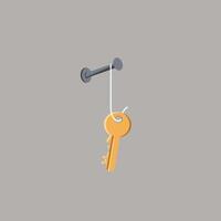Single golden key hanging from a metal peg on a grey wall minimal flat illustration vector