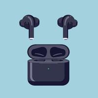Black wireless earbuds with open charging case in modern flat style digital illustration art vector