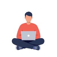 Young man sitting cross-legged with laptop in flat minimal style digital workspace illustration vector