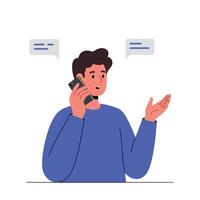 Young man talking on smartphone with expressive gestures flat design minimal illustration vector