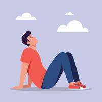 Young man relaxing on ground looking upward with thoughtful expression flat minimal illustration vector