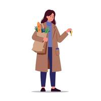 Woman holding grocery bag with bread and vegetables smiling while showing house key flat design illustration vector