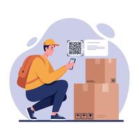 Young delivery man scanning QR code on cardboard boxes wearing casual clothes and cap in flat style illustration vector