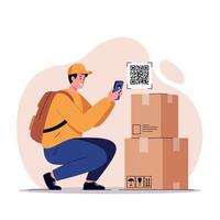 Young delivery worker scanning QR code on stacked cardboard boxes in casual outfit flat style illustration vector
