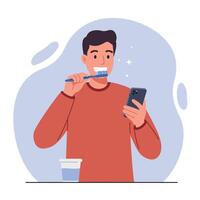 Young man brushing teeth while looking at smartphone in flat minimal style illustration vector