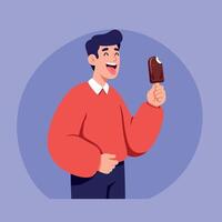 Young man enjoying chocolate ice cream in casual red sweater smiling with tongue out flat colorful illustration vector