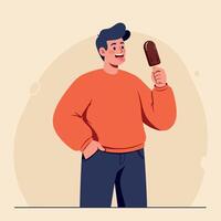 Young man in orange sweater enjoying chocolate ice cream with smile minimal flat design illustration vector