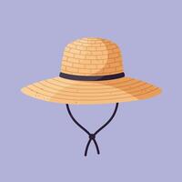 Straw sun hat with black band and chin strap in flat design style isolated on pastel background art vector