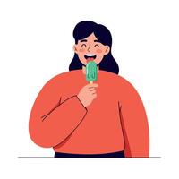 Young woman enjoying green popsicle in simple flat design with joyful expression illustration vector