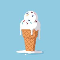 Melting vanilla ice cream cone with colorful sprinkles in flat minimal style on blue background illustration vector