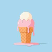 Melting ice cream cone with vanilla and strawberry scoops in flat minimal style dripping on blue background illustration vector