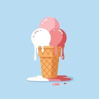 Three scoops of melting ice cream in waffle cone with pink and white colors flat minimal illustration vector
