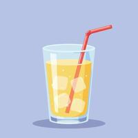 Transparent glass filled with yellow juice and ice cubes with red straw in flat design style illustration vector