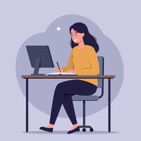 Young woman with black hair working at desk using computer and writing in notebook flat minimal illustration vector
