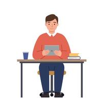Young man using tablet at desk with books and cup in flat minimal style illustration vector