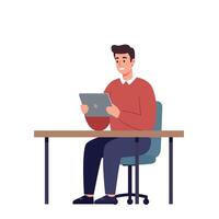Young man sitting on office chair using tablet device at desk in modern flat design illustration vector