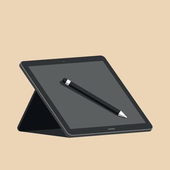 Digital tablet with stylus pen resting on angled stand in flat minimal design illustration vector