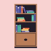 Wooden bookshelf with colorful books neatly arranged in flat minimal style illustration vector