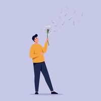 Young man in orange sweater blowing dandelion seeds with minimal flat design style illustration vector