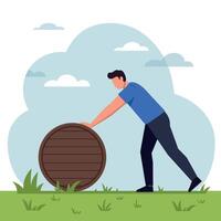 Man in casual clothes pushing wooden barrel on grass field under cloudy sky flat style illustration vector