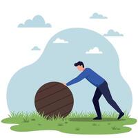 Man pushing large wooden barrel on green grass field with cloudy sky in flat minimal illustration vector